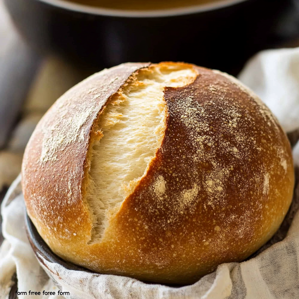 Golden brown artisan bread with a crisp crust and soft, fluffy interior.