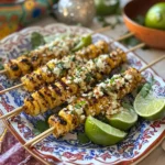 Served Grilled Elote Skewers with toppings