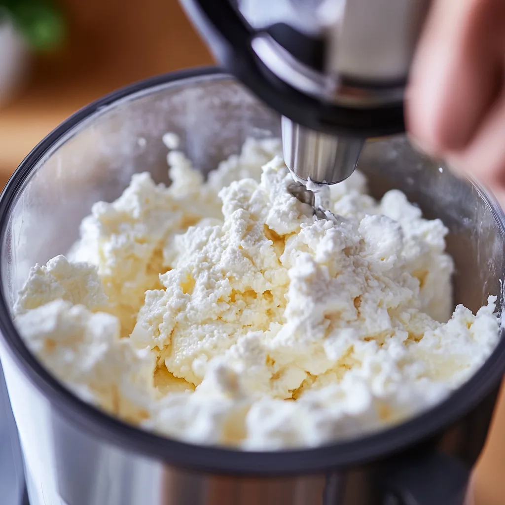 Blending cottage cheese and olive oil for pizza crust
