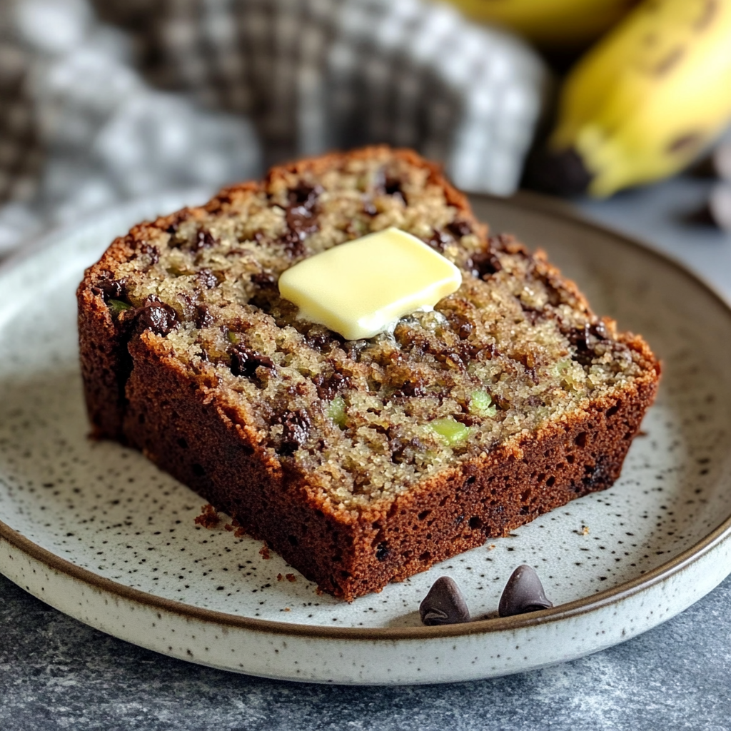 Chocolate Chip Zucchini Banana Bread loaf on a wooden table.