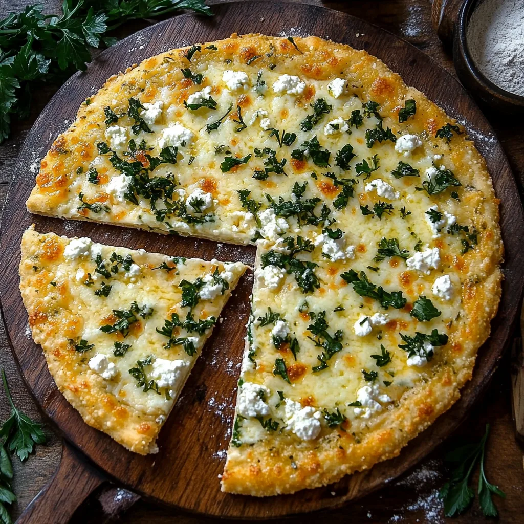 Cottage cheese almond flour pizza crust on wooden board