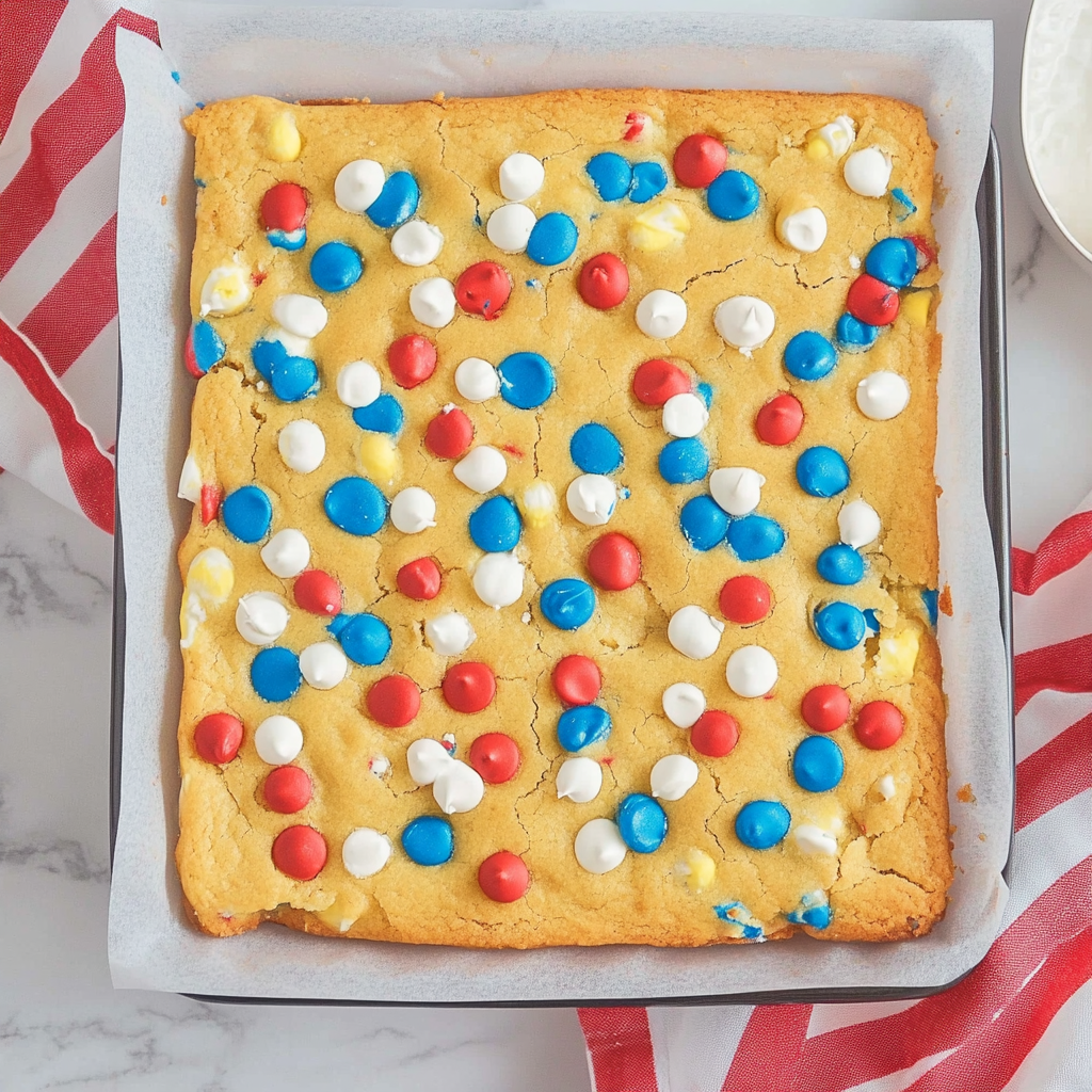 Fireworks Blondies: A Colorful Celebration of Flavor 5 Fireworks Blondies with colorful M&Ms and sprinkles.