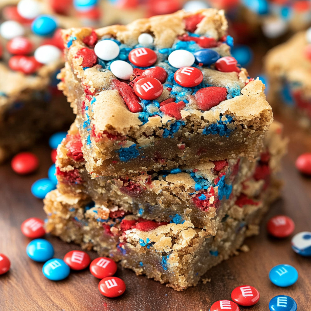 Fireworks Blondies with colorful M&Ms and sprinkles.