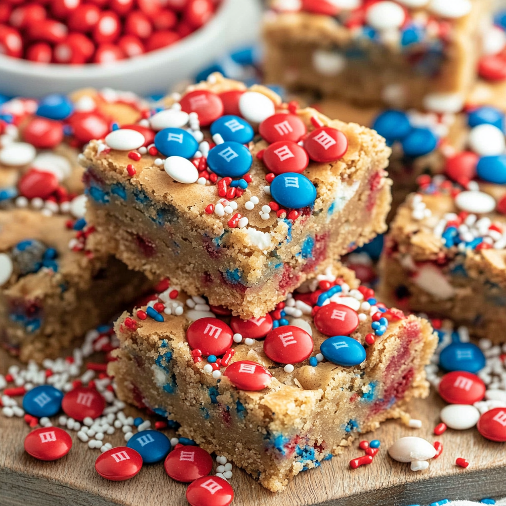 Fireworks Blondies: A Colorful Celebration of Flavor 6 Fireworks Blondies with colorful M&Ms and sprinkles.