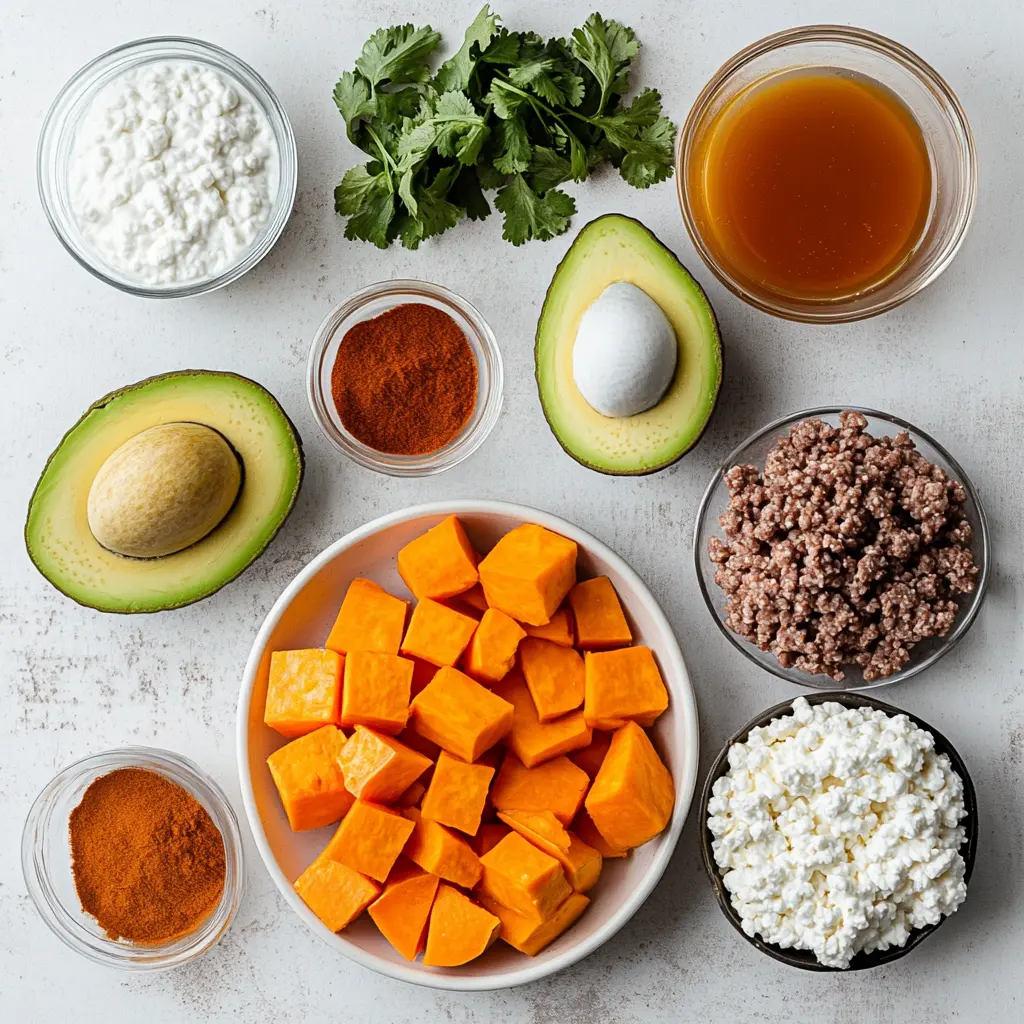 Flat lay of ingredients for the viral sweet potato beef bowl, including sweet potatoes, ground beef, cottage cheese, and spices.