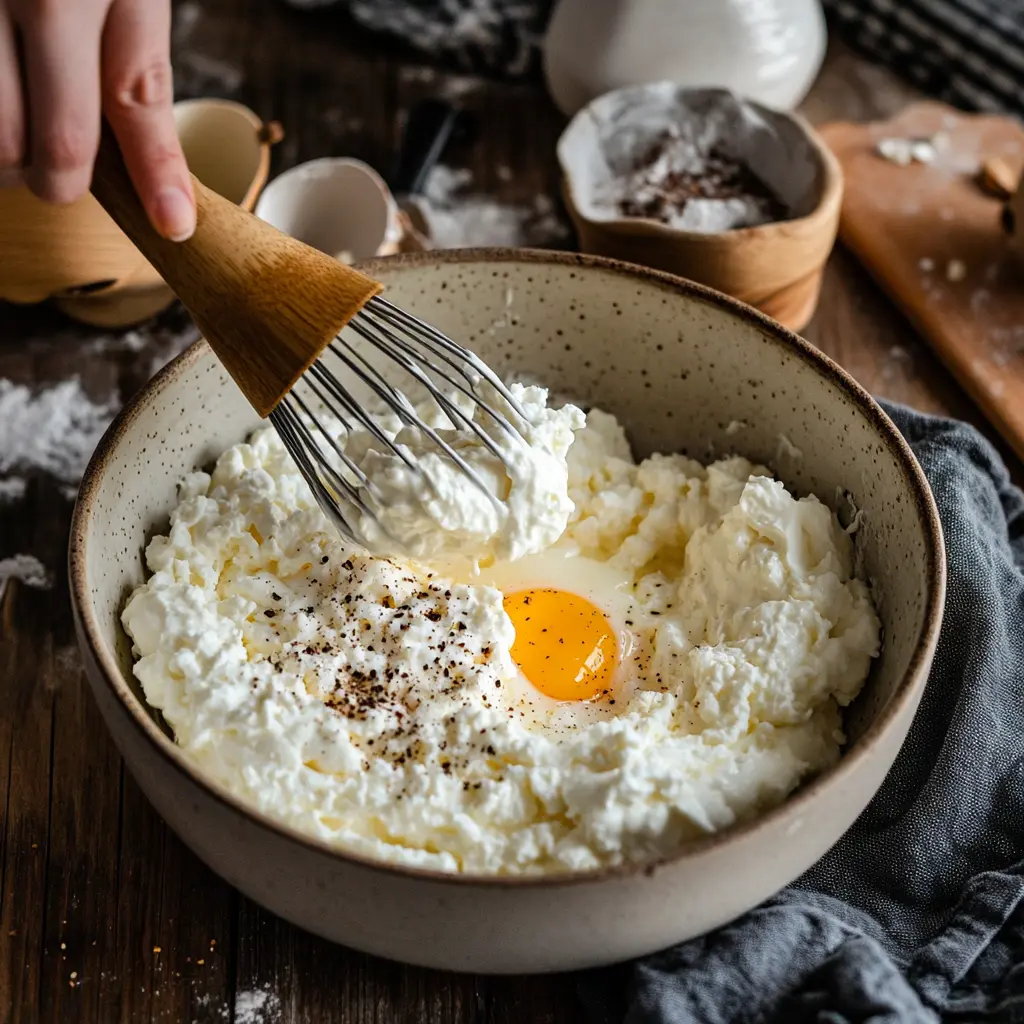 mixing keto cottage cheese egg pizza crust ingredients