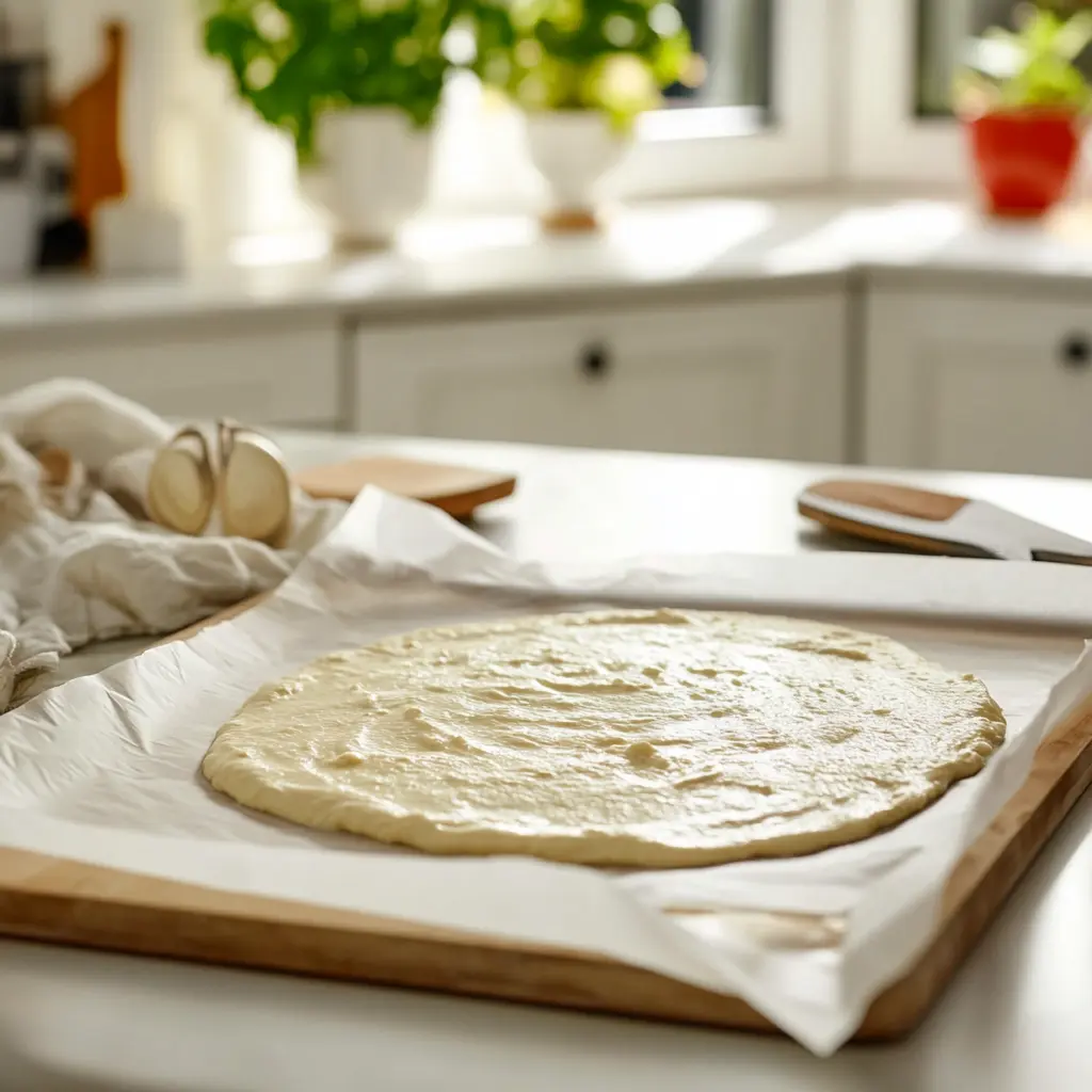 pouring keto cottage cheese pizza crust batter on tray