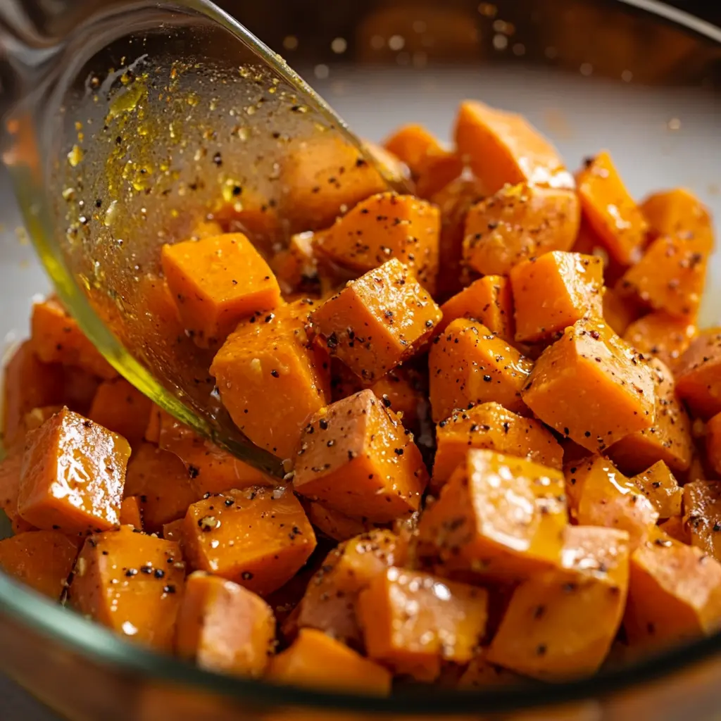 Preparing sweet potatoes for taco bowls