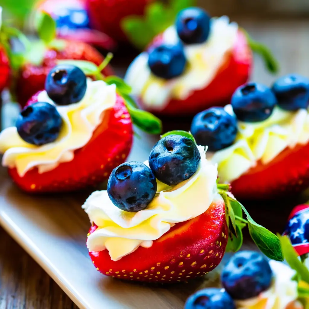 Red, White, and Blue Cheesecake Strawberries festive dessert