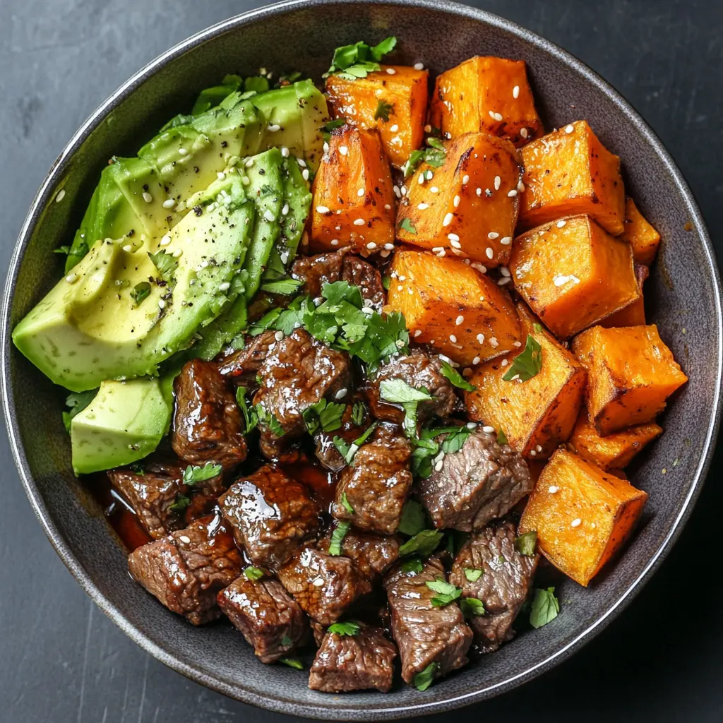 Hot honey sweet potato beef bowl with avocado and hot honey drizzle.