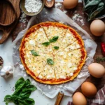 sliced keto cottage cheese pizza crust served on wooden board