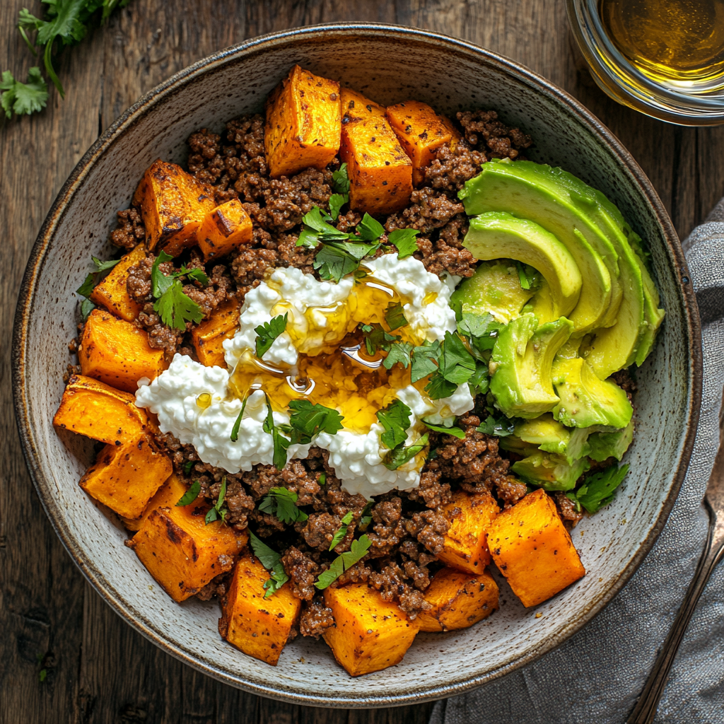 serving tiktok ground beef sweet potato bowl