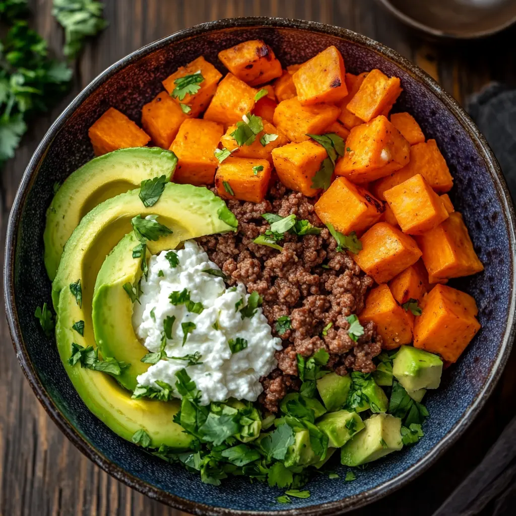 A delicious viral sweet potato beef bowl featuring roasted sweet potatoes, ground beef, cottage cheese, and avocado, drizzled with hot honey