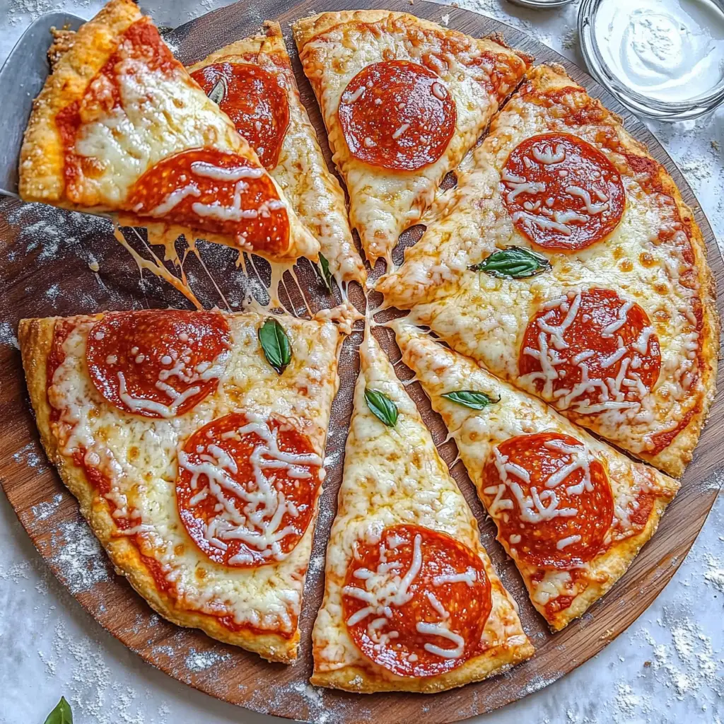 Sliced cottage cheese greek yogurt pizza crust served
