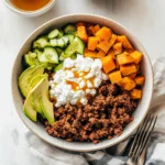 viral sweet potato beef bowl in rustic kitchen