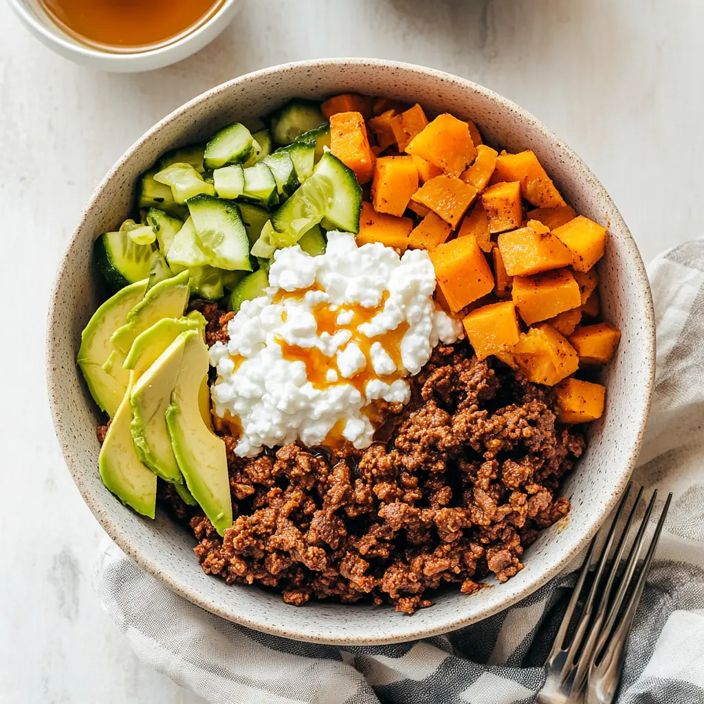 viral sweet potato beef bowl in rustic kitchen
