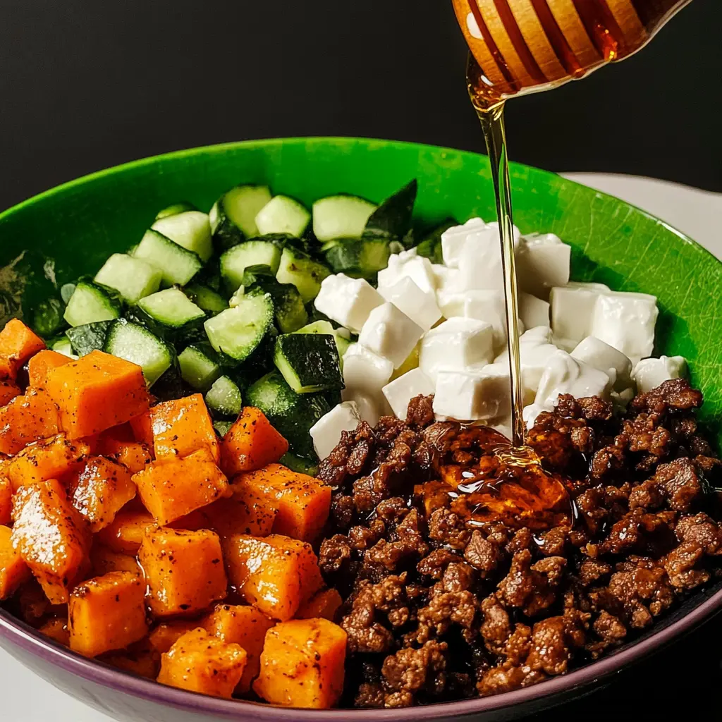 A close-up of the finished viral sweet potato beef bowl, topped with cottage cheese, avocado, and hot honey.