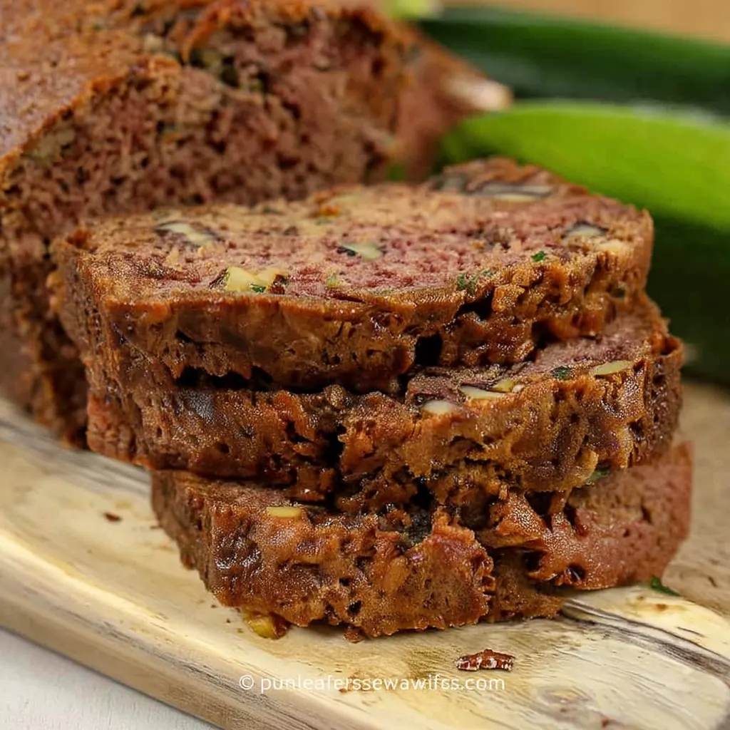 Sliced zucchini bread on a wooden board, showcasing its moist texture and flecks of zucchini.