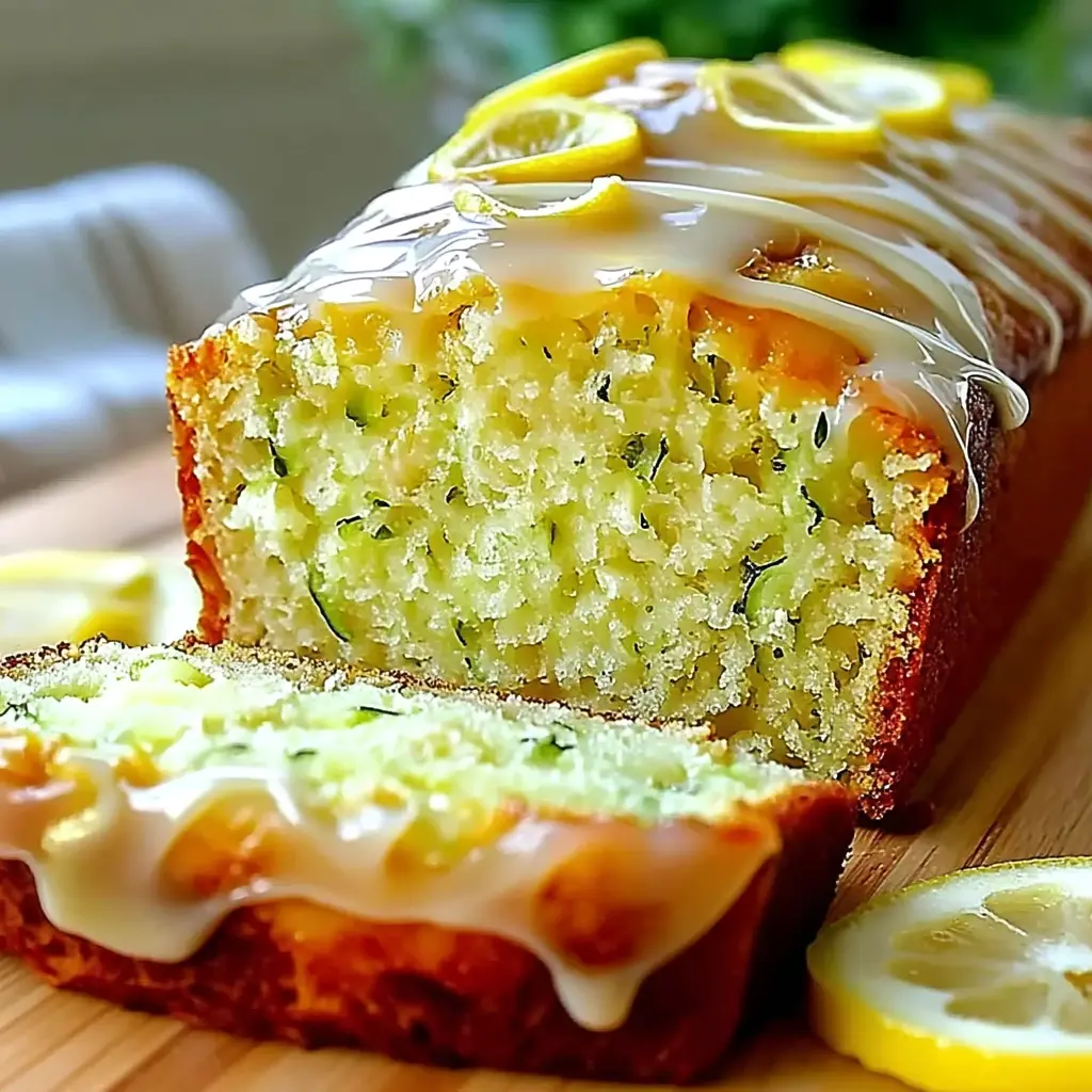 Freshly baked Luscious Lemon Zucchini Bread with a slice cut out