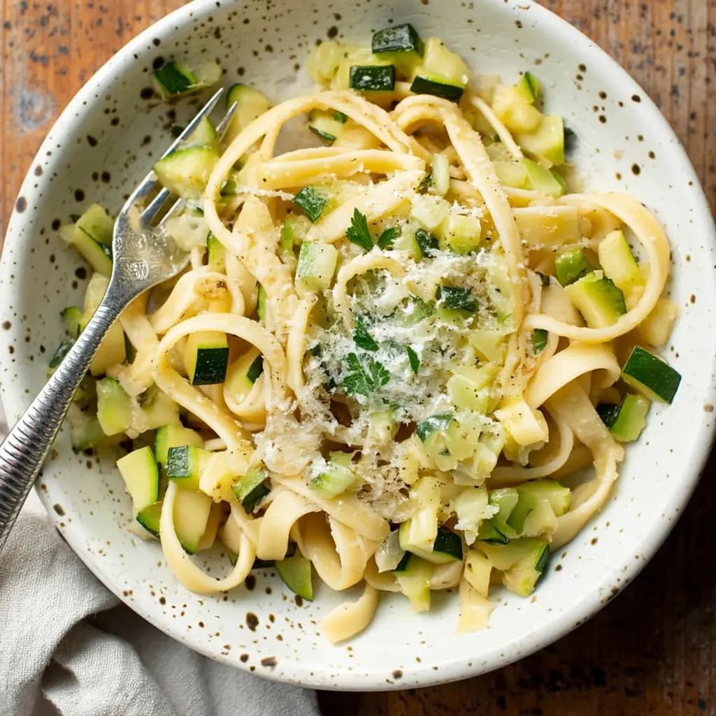 Zucchini Pasta Sauce: A Fresh and Flavorful Delight 4 Fettuccine with creamy zucchini pasta sauce and Parmesan cheese.